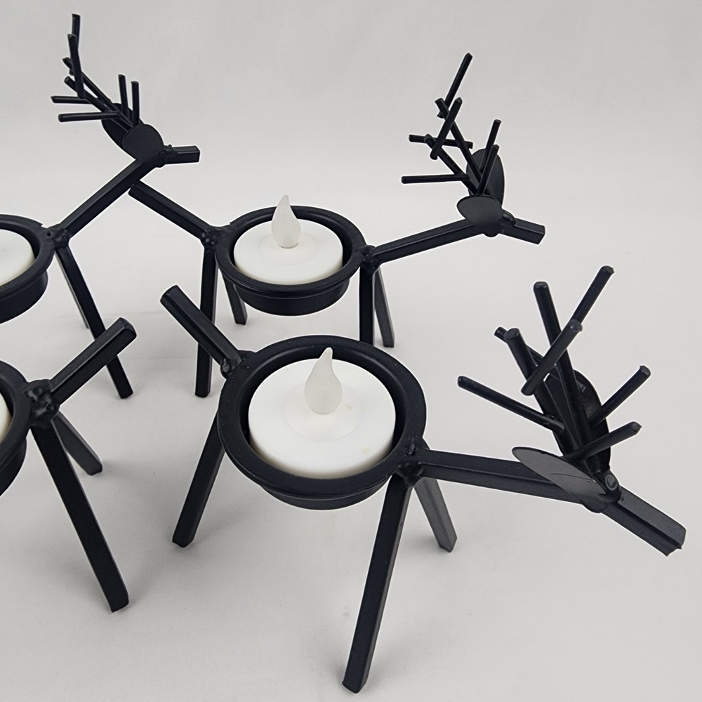 4 Metal Reindeer‎ Candleholders Antique Black 5"x5" Holiday Primitive Farmhouse - Picture 2 of 5